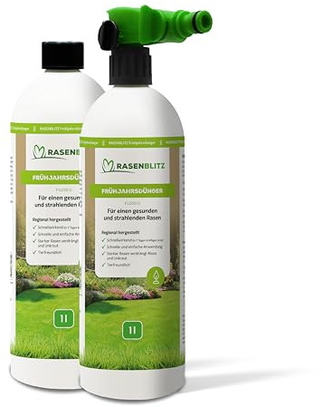 GAZONBLITZ Engrais liquide de printemps 2 L – pour un gazon dense et d'un vert intense – idéal en complément des semences de gazon – avec vaporisateur – s'utilise directement avec un tuyau d'arrosage