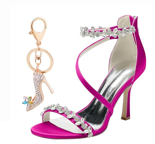 Generico Sandali da Donna Scarpe da Sposa delle Donne a Punta Aperta Cinturino alla Caviglia Strass 9.5CM Cerniera Ballo di Nozze Estivo (Rosa antico,43)