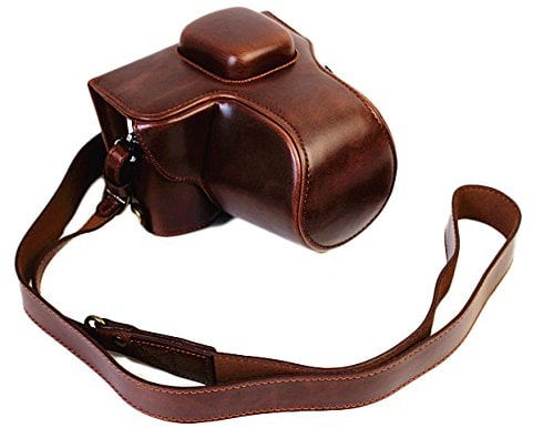 Unterseite öffnende Version schützende PU-lederne Kamera-Kasten-Beutel mit Stativ-Entwurf Kompatibel für Olympus Pen Lite E-PL8 EPL8 mit Schulter-Ansatz-Bügel-Gurt Dunkelbraun