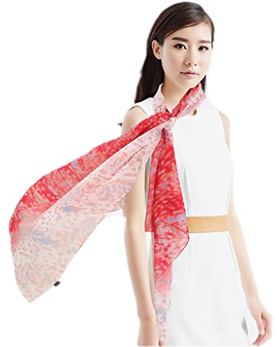 Prettystern Damen XXL Seidenstola Sommer-Tuch SeidenSchal Pareo Sarong Schultertuch Umschlagtuch bunt geblümt Rot Y05
