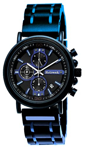 Holzwerk Germany Handgefertigte Designer Herren-Uhr Öko Natur Holz-Uhr Chronograph Armband-Uhr Analog Quarz-Uhr Blau Braun Datum Holz Ziffernblatt