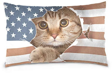 Linomo Kissenbezug 40x60 cm, USA Amerikanisch Flagge Katze Dekorative Kissenbezug Kissenhülle für Couch Sofa Bett Hause