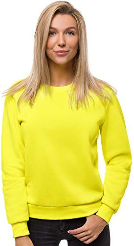 OZONEE Damen Sweatshirt Pullover Langarm Farbvarianten Oversized Langarmshirt Pulli ohne Kapuze Baumwolle Baumwollmischung Classic Basic Rundhals-Ausschnitt Sport JS/W01 GELB-NEON S