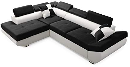 Robin Saturn Ecksofa mit Schlaffunktion Bettkasten 5 Verstellbare Kopfstützen 2 Kissen Sofa L-Form Schlafsofa Eckcouch Schlafcouch Wohnzimmermöbel Wohnlandschaft Links Schwarz Ultra Weiß