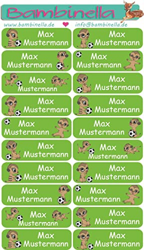 NEU: Bambinella® Namensticker personalisiert - 3 Blatt à 20 Stück = 60 Klebe-Etiketten -Erdmännchen mit Fußball