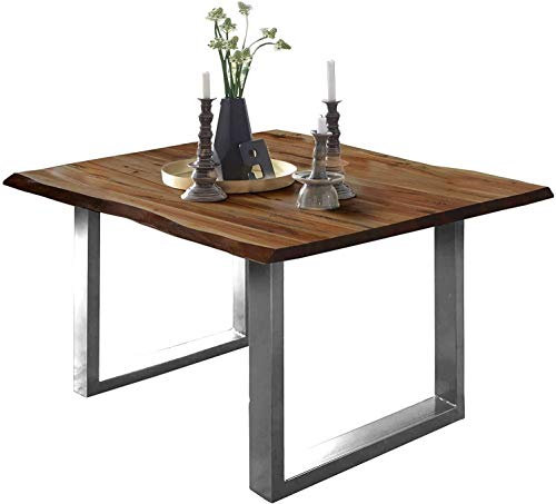 SAM Esszimmertisch 80x80 cm ULM, Baumkantentisch nussbaumfarben, Akazienholz massiv, U-Gestell aus Metall Edelstahl gebürstet