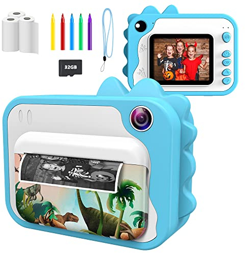 Ushining Kinderkamera - 1080P HD Videokamera mit 2,4 Zoll IPS Bildschirm, 32 GB Micro SD-Karte und 3 Rollen Druckpapier, Geschenk für Kinder (Blau)