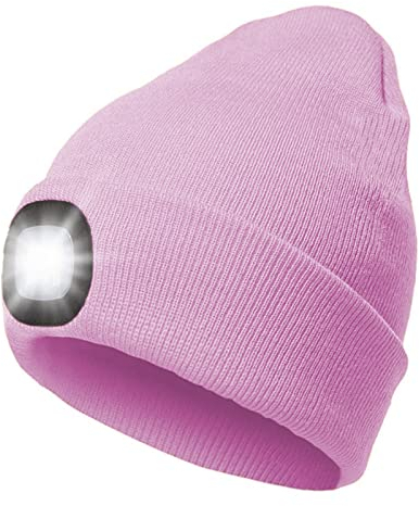 RFWIN LED Beanie Hat Lighted Knit Hat Rechargeable LED Headlamp, Pink Warm Lighted Knit Hat for Night Activities, Camping, Grilling, Running, Walking
