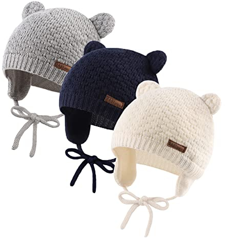 XIAOHAWANG Baby Wintermütze Jungen Mädchen Warmer Strickmützen Weicht Baumwolle-Futter mit Süße Bärenohren Winter Babymütze(Weiß+Marine+Grau, S)