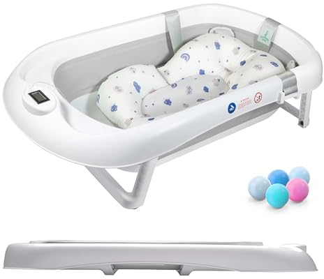 Bañera Plegable Bebé Con Cojín De Baño Antideslizante - bañera Bebe Plegable Con Termómetro - Asiento Bañera Bebe - Desde El Nacimiento Hasta Los 3 Años - Regalos De Nacimiento (GRIS)