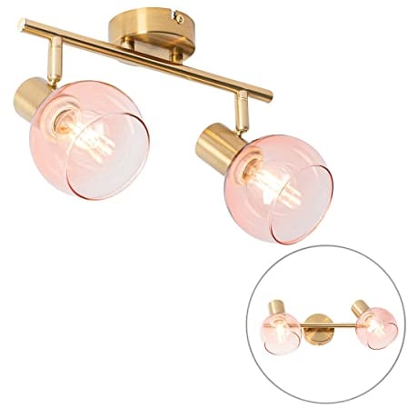 QAZQA - Art Deco Art Deco Spot I Spotlight I Deckenspot I Deckenstrahler I Strahler I Lampe I Leuchte Gold I Messing mit rosa Glas 2-flammig Lichter - Vidro I Wohnzimmer I Schlafzimmer - Stahl Länglic