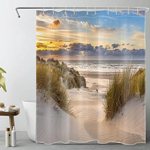 LB Strand Duschvorhang 120x175cm Sonnenuntergang Landschaft Tropeninsel Antischimmel Wasserdicht Badezimmer Vorhänge, Seestück Extra Kurz Polyester Stoff Bad Vorhang mit Haken