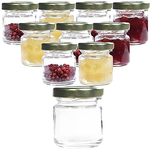 mikken 10 x Mini Marmeladenglas Einmachglas 53ml mit Deckel gold inkl. Etiketten