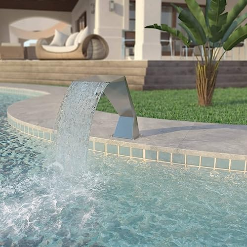 PURADAY Cascata per piscina in acciaio inox, 64 x 30 x 52 cm, colore argento, cascata da giardino, per esterni, piscina, fontana a getto d'acqua, piscina, cascata