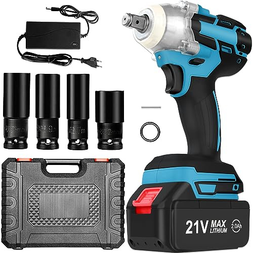 Clé à Chocs électriques,320 N·m Clé à Chocs Sans Fil Brushless avec 2.0Ah Batterie 21V 4 Douilles à Chocs (17 mm/19 mm/21 mm/22 mm),Pour le changement de pneus, le serrage et le démontage de boulons