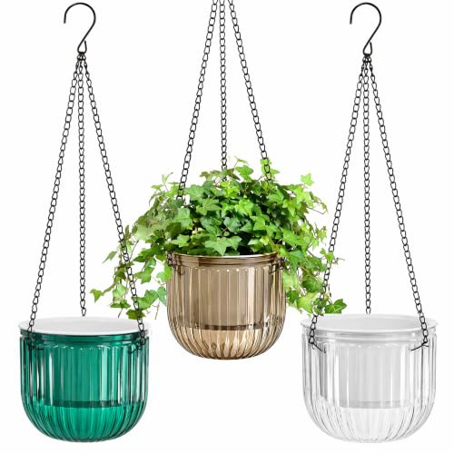 Pumtus Paquete de 3 macetas colgantes de riego automático, maceta colgante de 6.5 pulgadas con agujero de drenaje, cesta colgante de plástico con 3 cadenas de ganchos, colgador de plantas para plantas