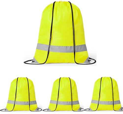 noTrash2003 4 Stück Kordelzug Turnbeutel mit Reflektorstreifen Sportbeutel Sporttasche Rucksack Wasserdichter Beutel Gym Bag für Damen Herren Jungs Mädchen Teenager Sicherheit im Dunklen (Gelb)