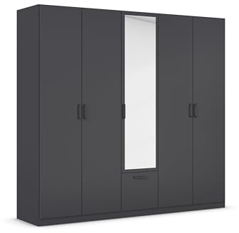 Rauch Möbel BARI, Kleiderschrank, Farbe Grau metallic, Breite 226 cm | Schrank, 5-türig, Spiegel, 1 Schublade, für Schlafzimmer, Kinderzimmer, Babyzimmer, Homeoffice, Garderobe, Flur