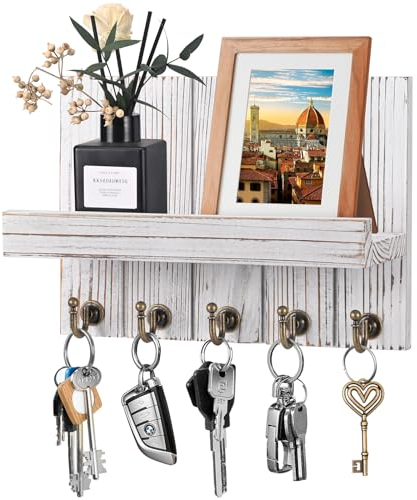Kldgris Schlüsselbrett mit Ablage, Schlüsselbrett Holz, Dekoratives Holz Wandregal, mit 5 Schlüsselhaken, für Eingang, Flur, Schlafzimmer, Wohnzimmer, Altweiß