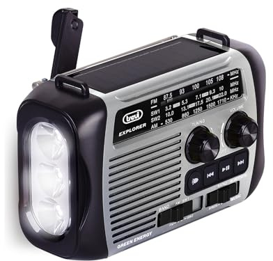 Trevi RA 7F30 BT Radio Portatile Multibanda FM/AM/SW con Lettore MP3 Wireless, Funzione Power Bank e Torcia LED, Ricarica Solare, a Dinamo o USB-C, Ideale per Emergenze, Campeggio, Viaggi, Grigio
