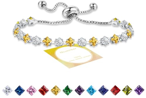 HEEYA Armband Damen Tennisarmband mit Glitzer Geburtsstein Zirkonia in 12 Farben Verstellbares Armband Sterling Silber Geburtstag Weihnachten Geschenk für Frauen Mädchen
