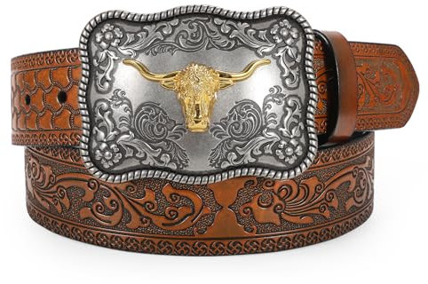 WERFORU Herren Western Kunstleder Gürtel mit Abnehmbarer Schnalle Cowboy Kunstleder Gürtel für Jeans Hosen Braun