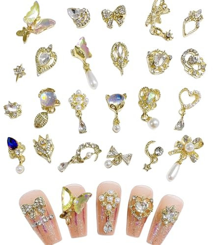 Gold Nail Charms,23PCS Shiny Nail Rhinestones Bowknot Butterfly Bow Heart Pearl Nail Art Charms,Luxury Nail Decoration Metal Alloy Nail Gems Nail Jewelry for Women Girls Nail Design DIY Crafts