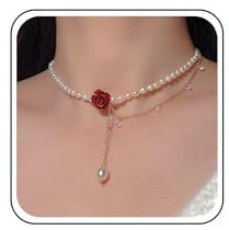 Cimenexe Bohemien Rosa Fiore Perla Ciondolo Collana Rosa Perla Y Lariat Collana Collare Rosso Smalto Rosa Collana Girocollo Oro Cristallo Perla Nappa Catena Collana Gioielli Per Le Donne Regali