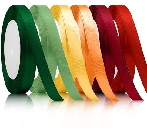 6PCS Geschenkband - 10mm 22m Satinband in Rot, Grün, Orange, Gold - Dekoband, Schleifenband, Seidenbänder Bunt, Ribbon Band