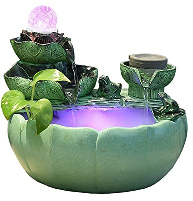 Fontaine de Table Zen Relaxante Fontaine à eau de table avec boule rotative et pompe, fleur de lotus, feuille de lotus, cascade, fontaine d'intérieur for décoration de bureau, maison, vert Fontaine d’