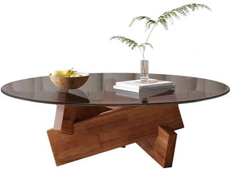 MARIYCH Couchtisch aus Walnussholz, 80 cm runder Mitteltisch aus Glas für das Wohnzimmer, moderner Cocktail-Teetisch aus der Mitte des Jahrhunderts mit Holzsockel