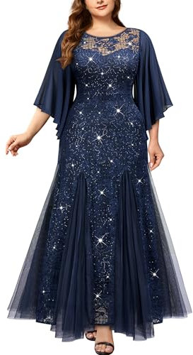 MISSMAY Women's Plus Size Elegant Butterfly Sleeve Chiffon Floral Sequin Lace Contrast Mesh Mermaid Hem Evening Party Long Dress (2XL, Navy Blue)