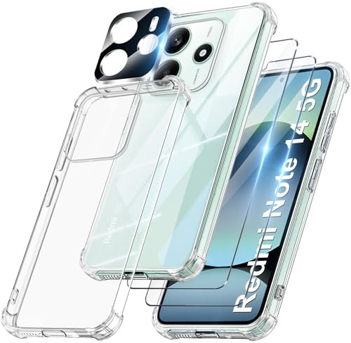 FLLAO 4 en 1 Funda para Xiaomi Redmi Note 14 5G con 2 Protector Pantalla y 1 Protector Lente Cámara, [Almohadilla de Aire integrada] Antigolpes Antiarañazos Antichoque Carcasa, Transparente