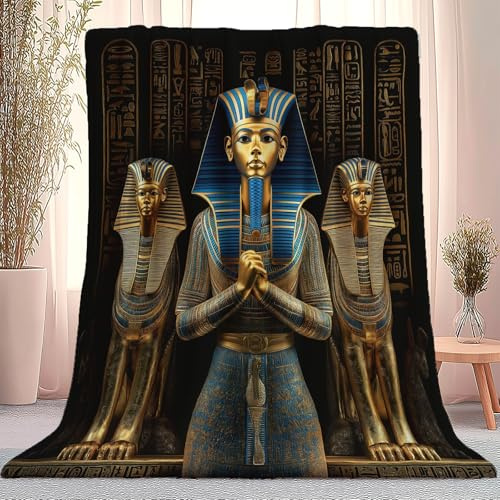Ägyptische Pharao Kuscheldecke Schwarz Gold Blau 100×130 cm – Weiche Wohndecke mit Hieroglyphen Motiv, Antikes Ägypten Thema, Flauschige Flanell Decke für Sofa Kinderzimmer Wohnzimmer