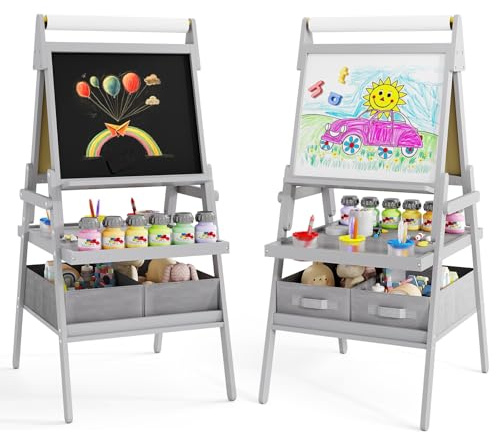 GYMAX Wooden Kids Easel, Double Sided Painting Easel with Whiteboard, Chalkboard, Paper Roll, Storage Trays, 3 Paint Cups & 2 Fabric Drawers, Children Drawing Board Stand for 3-6 Years Old (Grey)