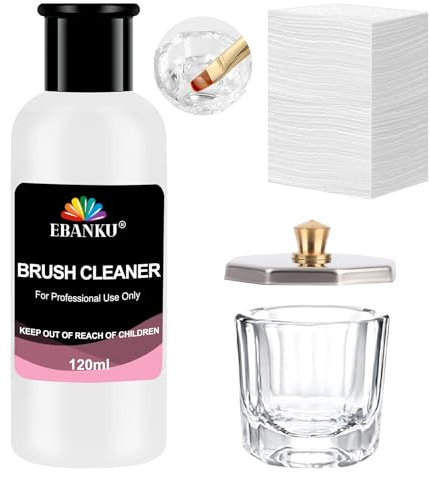 EBANKU 4OZ Nail Brush Cleaner, Nail Art Brushes Conditioner Quickly Clean Gel Nail Brush Clean Solution With Glass Cup and 100 Pcs Cleaning Pad for Nail Extension Gel