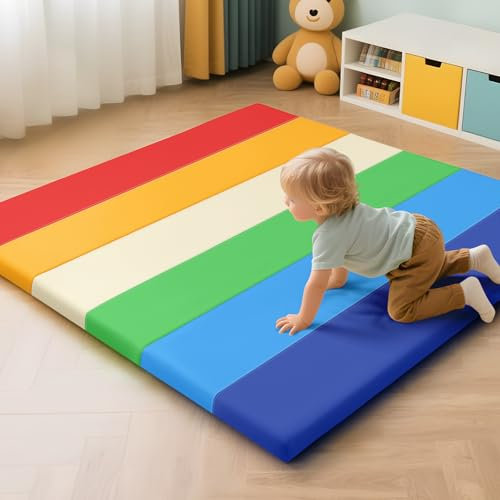 JungleDove Schaumstoff Spielmatte für Baby: 121x121 cm PU-Leder wasserdicht Kinder Spielmatte - Baby Spielmatten für Boden - Thick Spielmatte für Laufstall gepolstert Laufstall Matratze (Regenbogen)