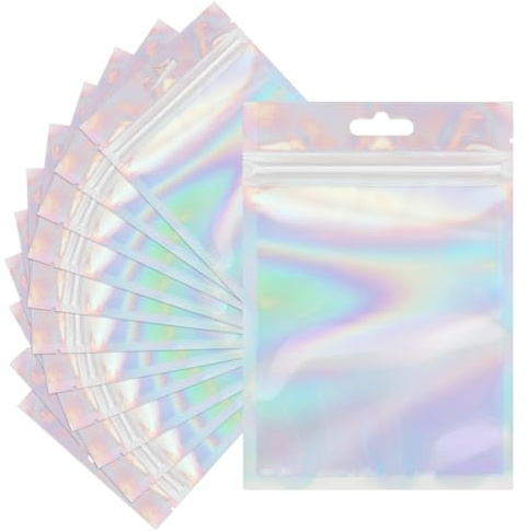 VOSSOT 120 Stück Mylar Bags 10.5 X 15cm Druckverschlussbeutel Holografische | Wiederverschließbare Plastikbeutel, Beutel Folienbeutel mit Aufhängeloch, für Verpacken Schmuck, Geschenk, Süßigkeiten