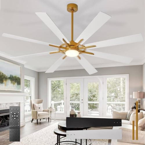 Depuley Large Ceiling Fans with Lights: Modern 72 Inch 8 Blade Outdoor Ceiling Fan with Remote Control - Dimmable White Gold Big Fan Light Indoor Reversible 6 Speed Quiet DC Motor