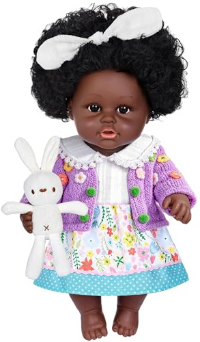 40 cm / 12 Zoll Schwarze Baby-Entchen mit Spielzeug-Hasen Zubehörset - afroamerikanische Baby-Entchen mit lockigen Haaren in Geschenkbox Kinder ab 3 Jahren