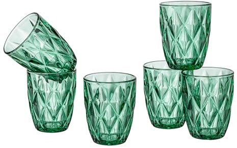 Baroni Home Set 6 pz Bicchieri Diamante in Vetro Colorati e Decorati con Rombo in Rilievo 28 CL, Bicchieri Eleganti Lavabili in Lavastoviglie, 8x8x10 cm Verde
