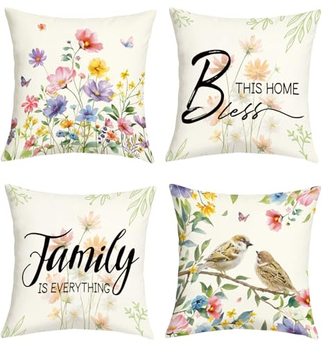 Joymaison Kissenbezüge 45x45 4er Set Sommer Aquarell Gänseblümchen Vogel | Deko Kissenhülle Frühling Bunt Gänseblümchen Floral Blätter Bauernhaus Dekorative Kissenbezug Kissen für Couch Sofa