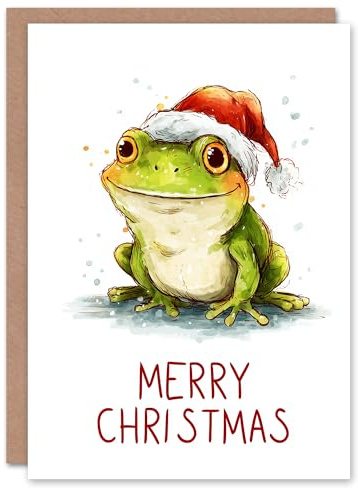 Artery8 Christmas Card Cute Happy Cartoon Green Frog In Santa Hat