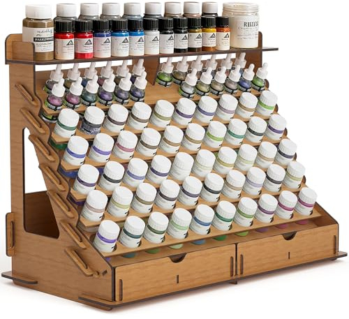 FREEAMG Wooden Paint Organizer for 74 Bottles/14 Brushes, Paint Holder With 2 Cabinets, Display Organizer for Miniature Set & DIY Tools