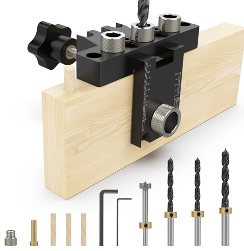 3-in-1 Dowel Jig Drill Kit, Self Centering Doweling Jig with Drill Guide Punch Locator, Adjustable Width Woodworking Joints Tool with 8/10/15mm Bits for Straight Holes, for Carpentry Project