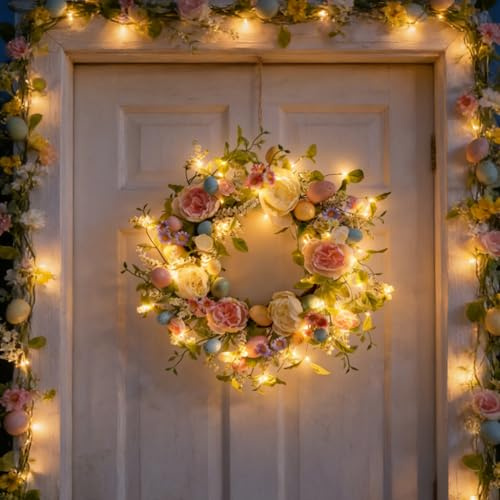 Türkranz Frühling mit LED Licht, 35cm Osterkranz mit Künstliche Rose, Pfingstrosen, Eier, Frühlingskranz Haustür Deko Wandkranz Hängedeko Osterei Kranz Deko Türkranz Ostern für Fensterdeko Ganzjährig