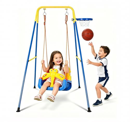 4-in-1 Upgraded Toddler Swing Set, Heavy-Duty Kids Swing with Basketball Hoop, Baby Swing with Safety Harness & Removable Guardrails, Adjustable Seat Grows, Indoor Outdoor Garden Backyard