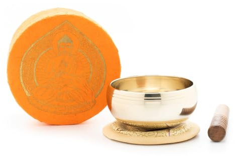 Kleine hochglanz Klangschale in orangefarbiger Box mit Buddha-Aufdruck: Angenehm hell klingende Klangschale in origineller Geschenkverpackung