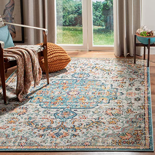 SAFAVIEH Boho Teppich für Wohnzimmer, Esszimmer, Schlafzimmer - Madison Collection, Kurzer Flor, Grau und Hellblau, 160 X 229 cm