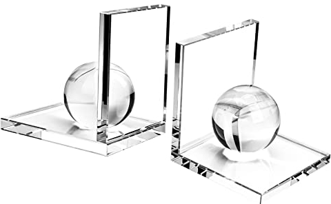 MerryNine Serre-livres innovant en cristal transparent avec boule de cristal, 1 paire de serre-livres antidérapants en forme de L pour livres lourds, étagères, ornements décoratifs, un cadeau spécial